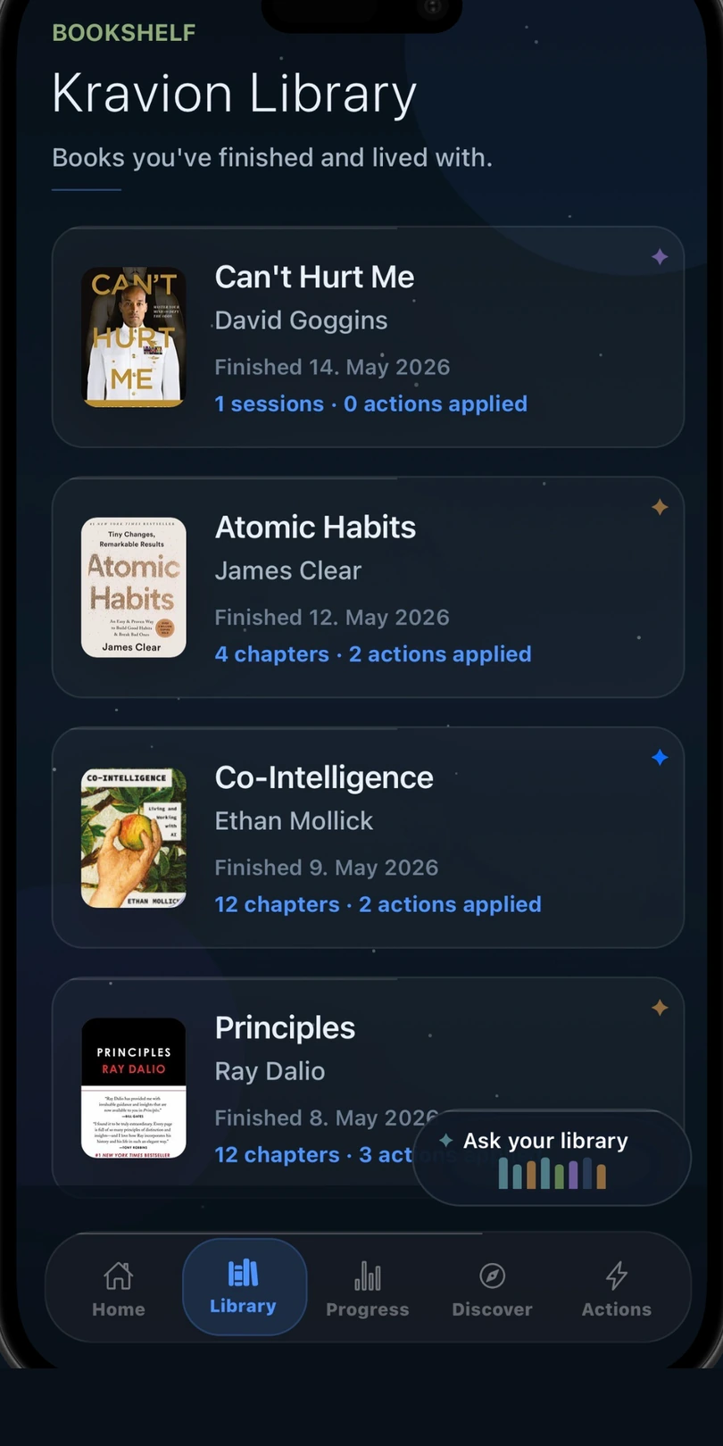 The Kravion library on iPhone, listing finished books with the sessions and applied actions behind each one.