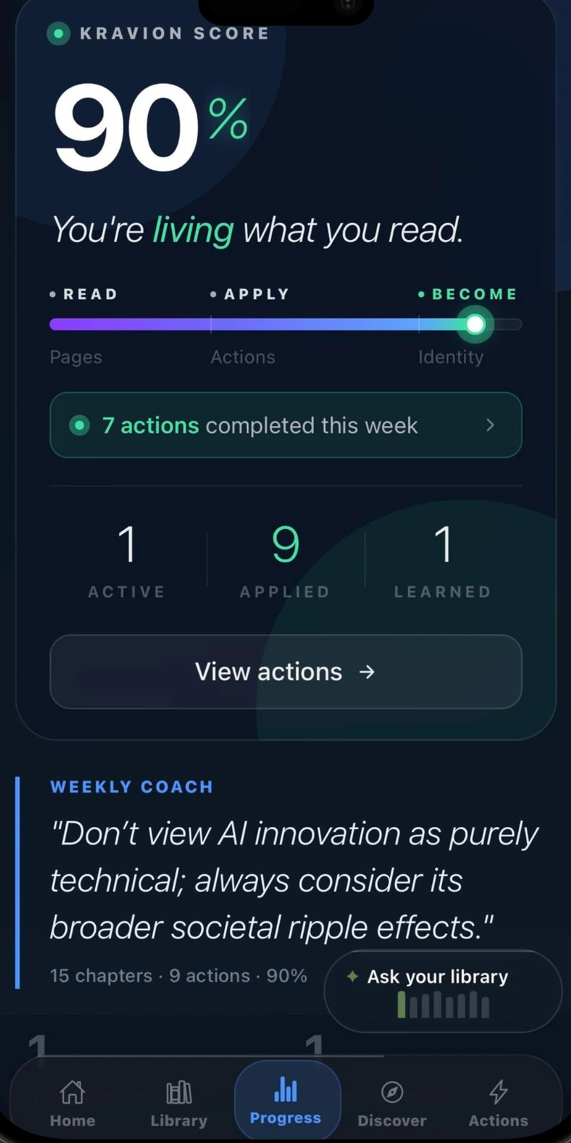 The Kravion Score on iPhone at ninety percent, with actions completed this week and a weekly coach note.
